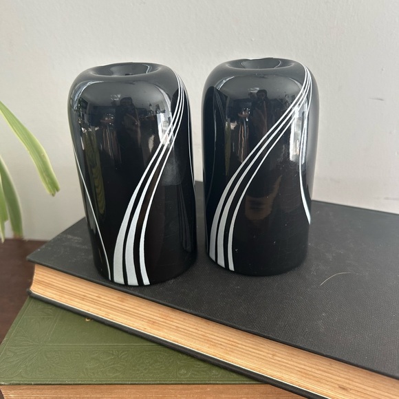 Other - BLACK PEARL by Block Set 2 Candlesticks 4.25" tall  made Portugal white swirl
